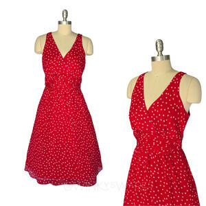 Vintage Y2K does 50s Red Polka Dot Fit & Flare Dress Size 6 V Neck Pin Up Retro